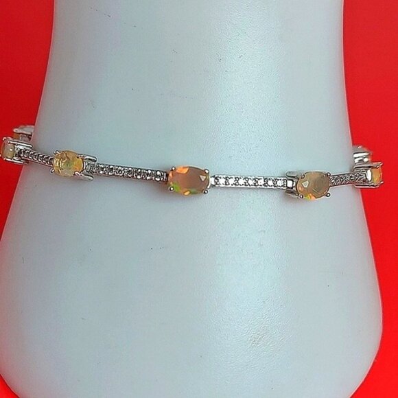 Natural Fire Opal Rainbow 6x4mm & Cz‎ 925 Sterling Silver Bracelet 7" - Picture 6 of 6